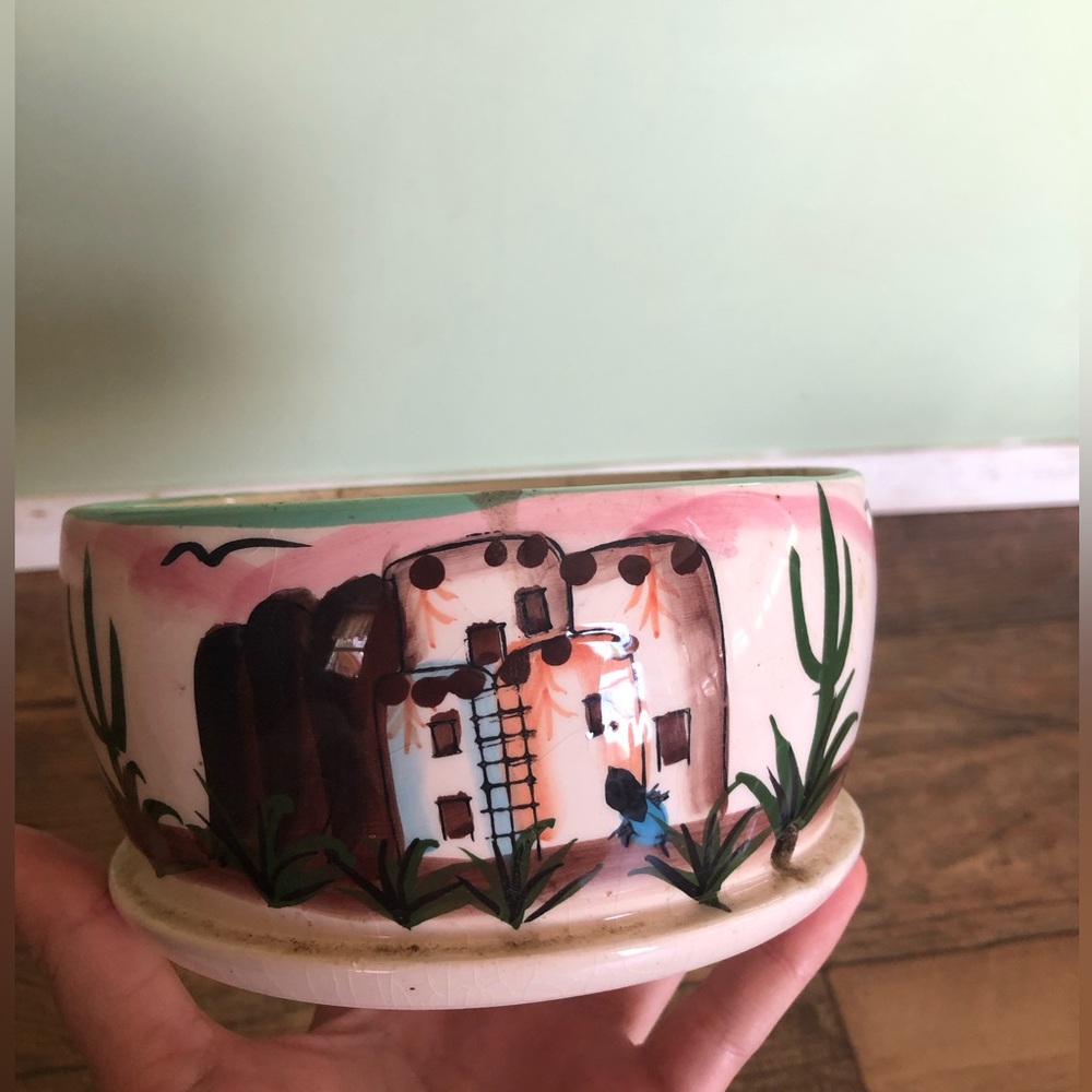 Vintage Hand Painted Southwest Style Cactus Ceramic Planter Pot 5.5 X 3” Aztec